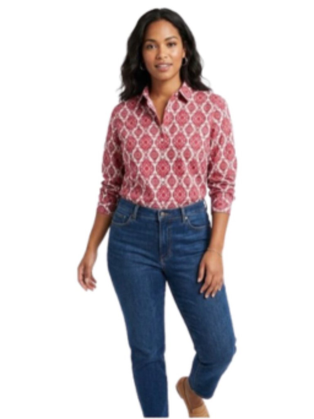 Lands' End Women's Blouse Medallion Paisley Burgundy 3/4 Sleeves Collar, size 18